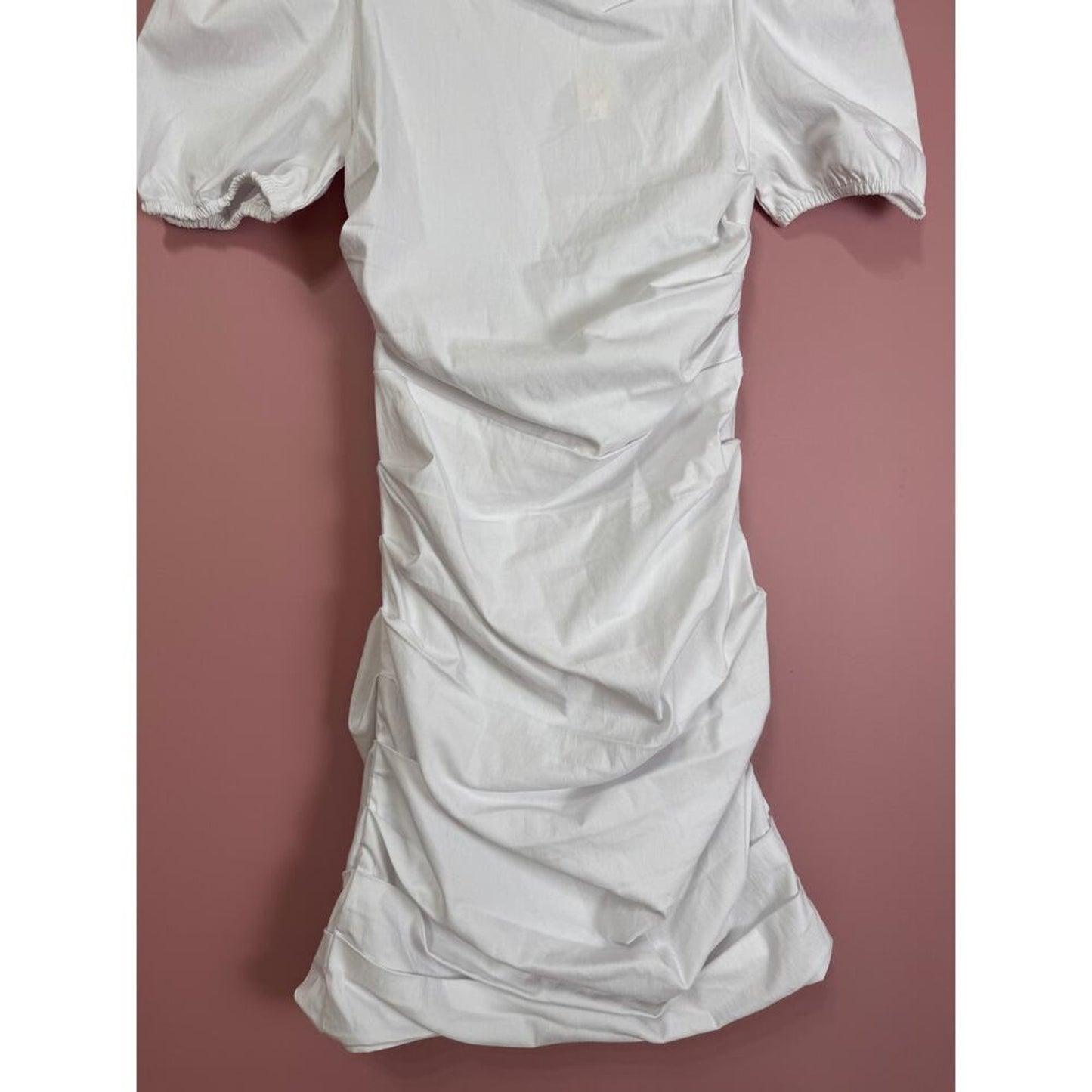 Maeve Anthropologie Slim Puff-Sleeve Ruched Dress in White XS‎