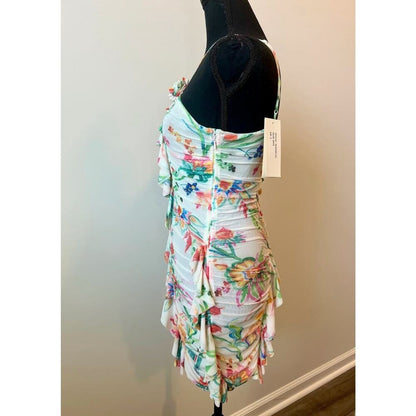 Rococo Sand Susan Halter‎ Mini Dress in White Medium Floral Ruffle Lined Stretch