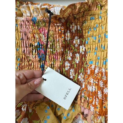Spell & The Gypsy Collective Patchwork Floral Smocked Crop Top Mustard Orange