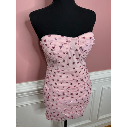 Superdown Fifi‎ Mesh Mini Dress in Pink Hearts Glitter Size Small Zip Back Lined