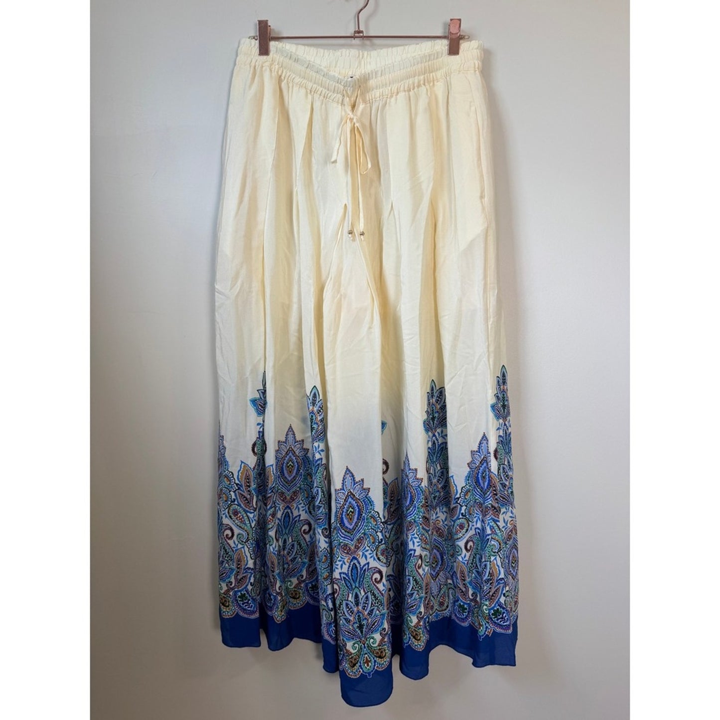 Johnny Was Workshop Cream Paisley Border Print Wide Leg Flowy Boho Pants Size M