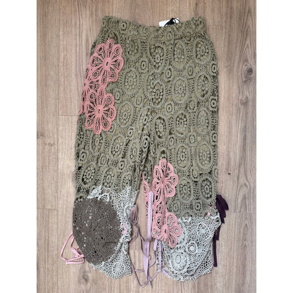Jaded Gypsy Endless Love Pants Olive Green Pink Crochet Lace Boho Festival OS
