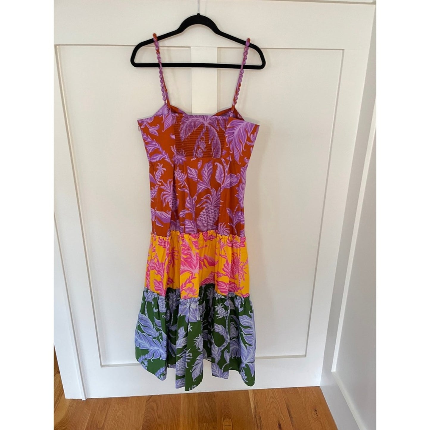 Farm Rio Tropical Print Tiered Midi Dress Rainbow Floral Smocked Bust