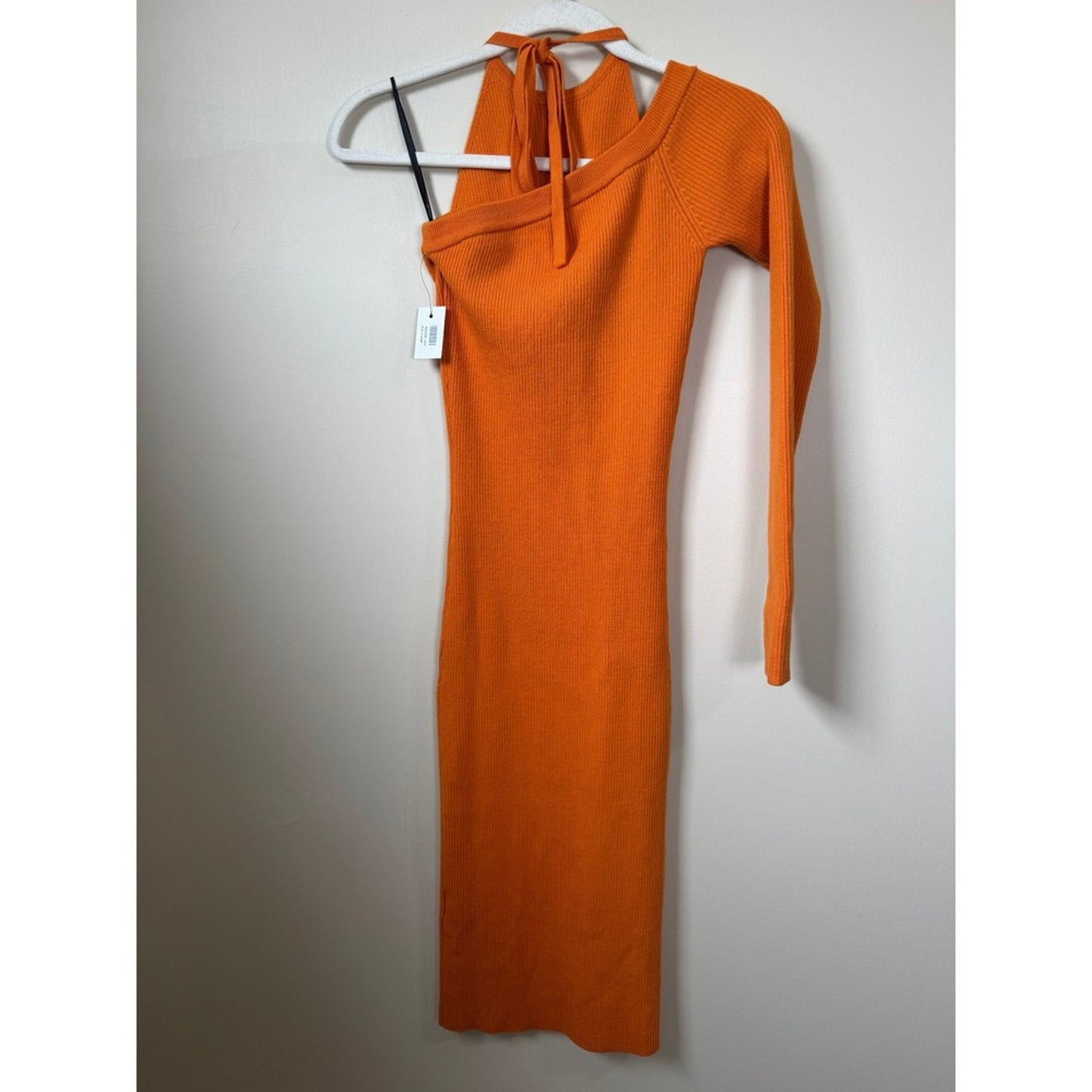 Monse Orange Asymmetrical Rib-Knit Merino Wool Midi Dress One Sleeve Halter XS