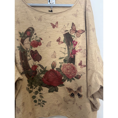 Jaded Gypsy Boho Oversized Butterfly Floral Horseshoe Slub Knit Top Tan OS