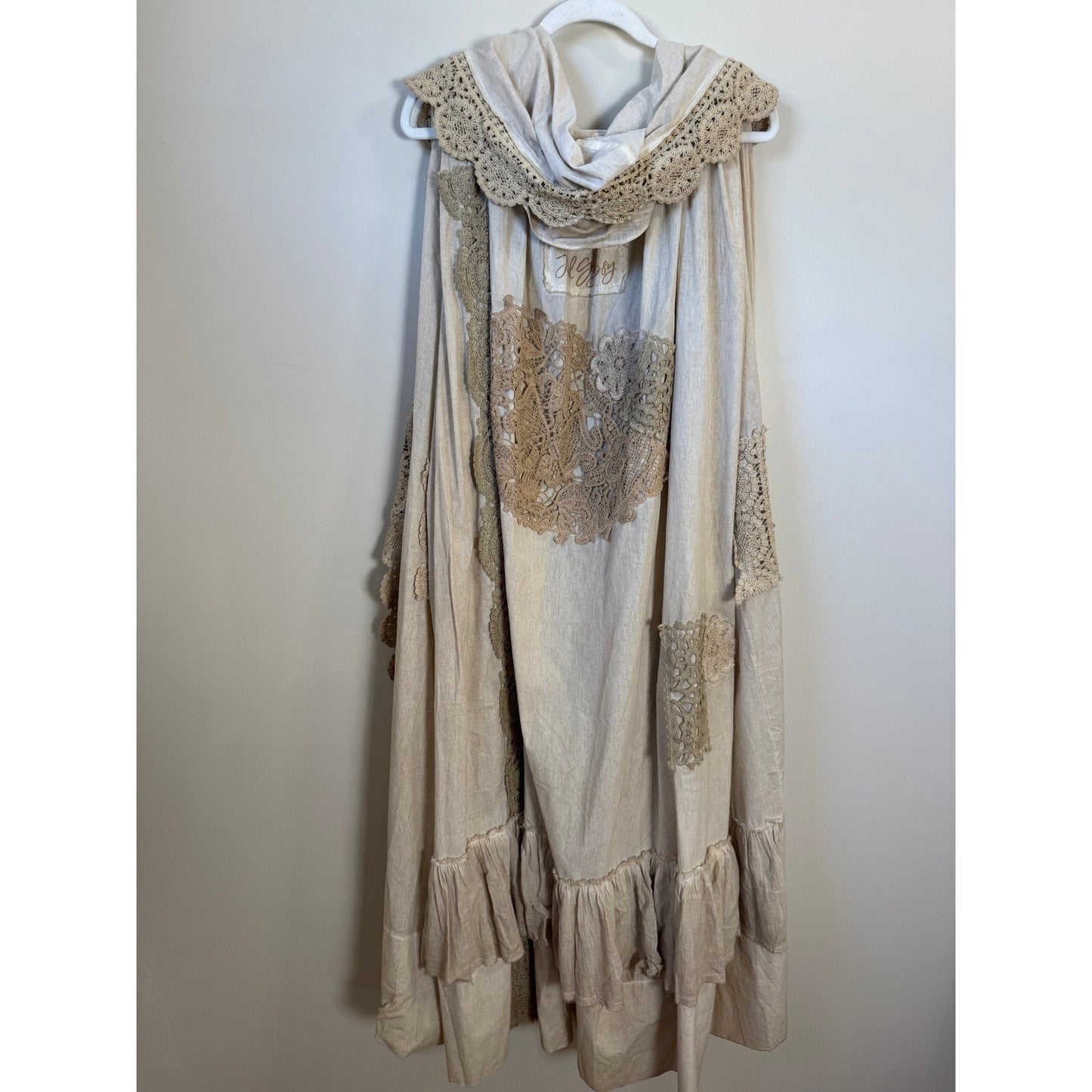 Jaded Gypsy Willow Wind Long Duster Vest Kimono Lace Trim Beige Boho Festival