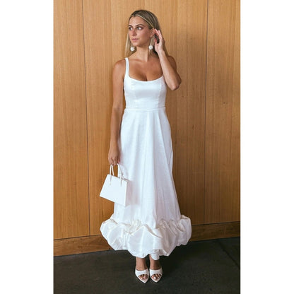White Bubble Hem Maxi Dress Square Neck Smocked Back Bridal Formal Evening