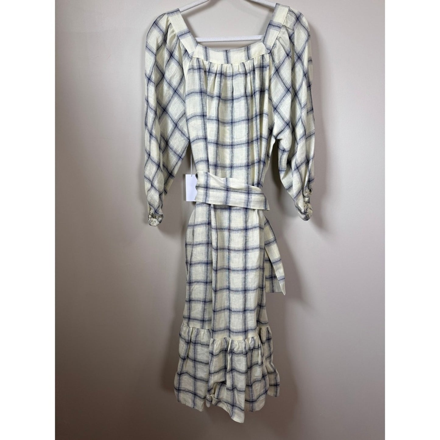Lisa Marie Fernandez Cream Navy Check Linen Blend Balloon Sleeve Midi Dress NEW