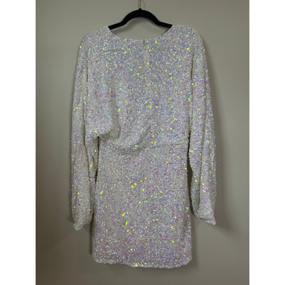 Show Me Your Mumu White Iridescent Sequin Mini Dress Long Sleeve V-Neck XL
