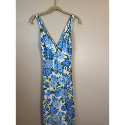 Blue Floral Satin Maxi Dress Open Back Tie High Slit Summer Wedding Guest V-Neck