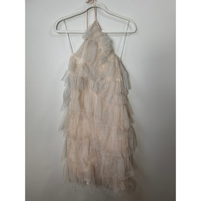 The Bar Tiered Glitter Tulle Lou Mini Dress Champagne Pink Halter Party Size 0