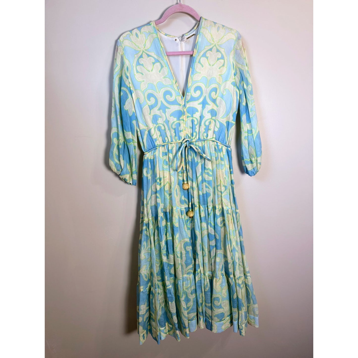 NEW Alexis Vilas Blue and Green Long Sleeve Printed Maxi Dress Size Small
