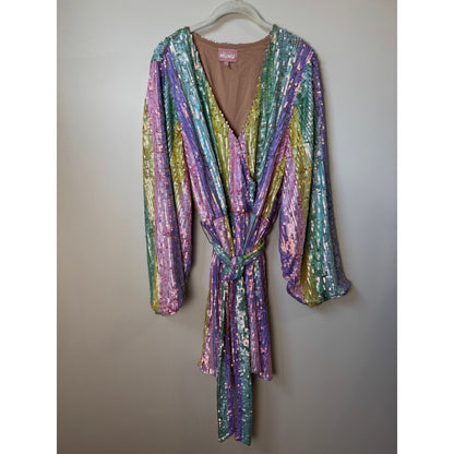 Show Me Your Mumu Rainbow Sequin Mini Dress Long Sleeve Wrap Belted Pastel XL