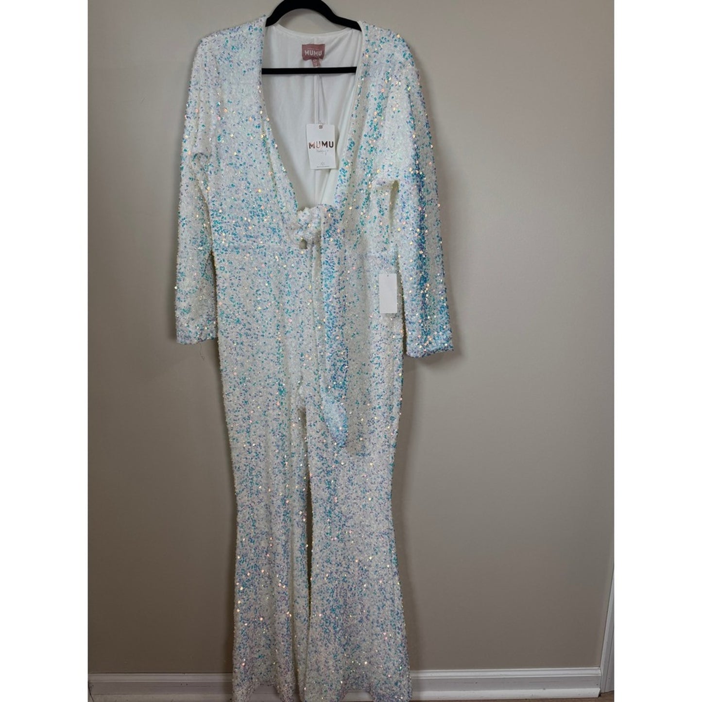 Show Me Your Mumu White Iridescent Sequin Jumpsuit Tie Front Flare XXL NEW