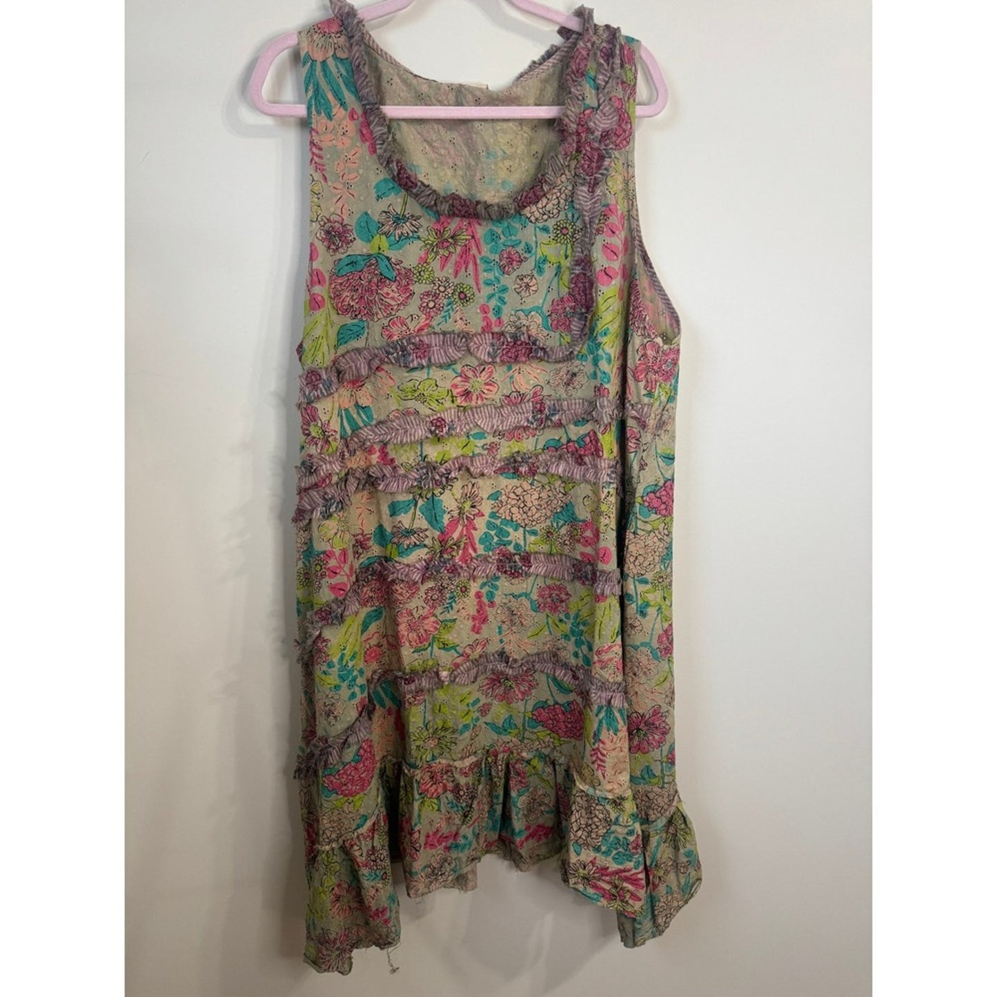 Jaded Gypsy Floral Eyelet Ruffle Boho Sleeveless Patchwork Dress Multi Color
