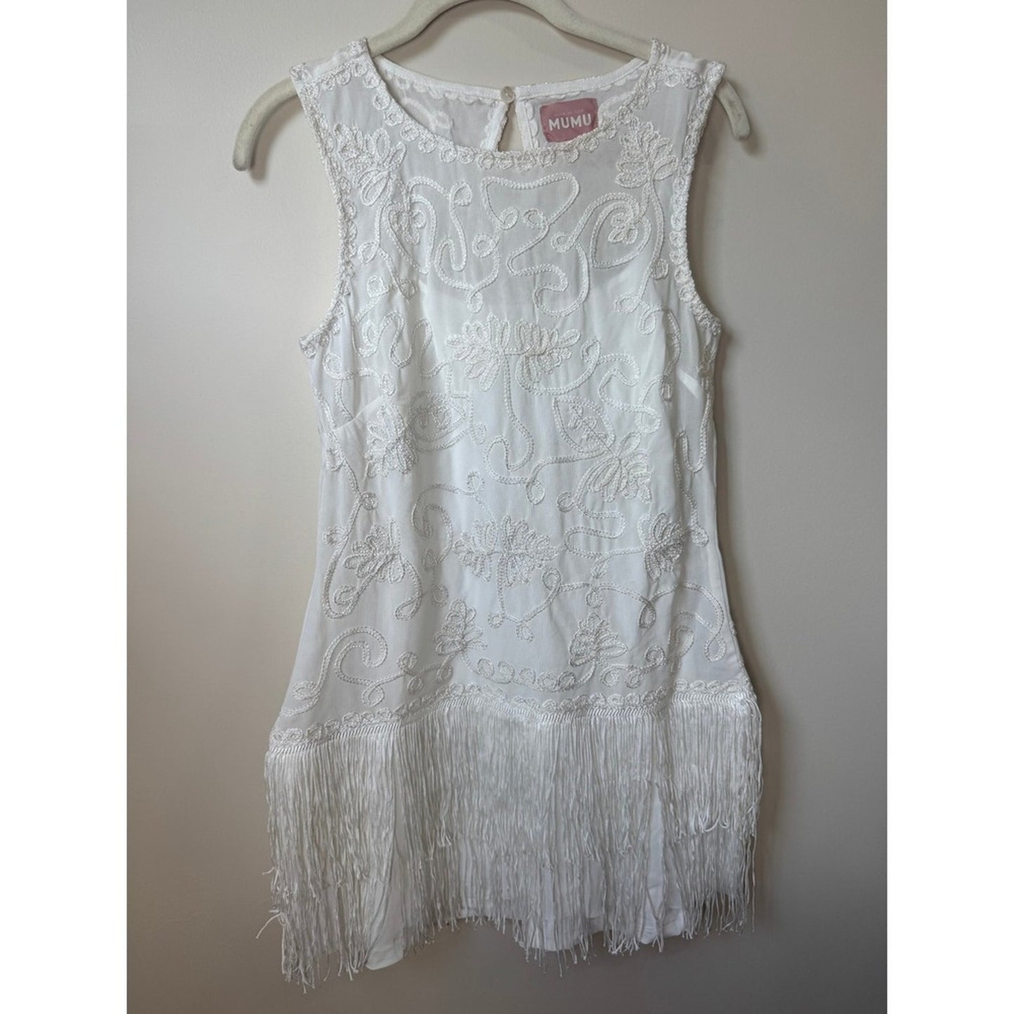 Show Me Your Mumu White Embroidered Fringe Mini Dress Sleeveless Flapper Bridal