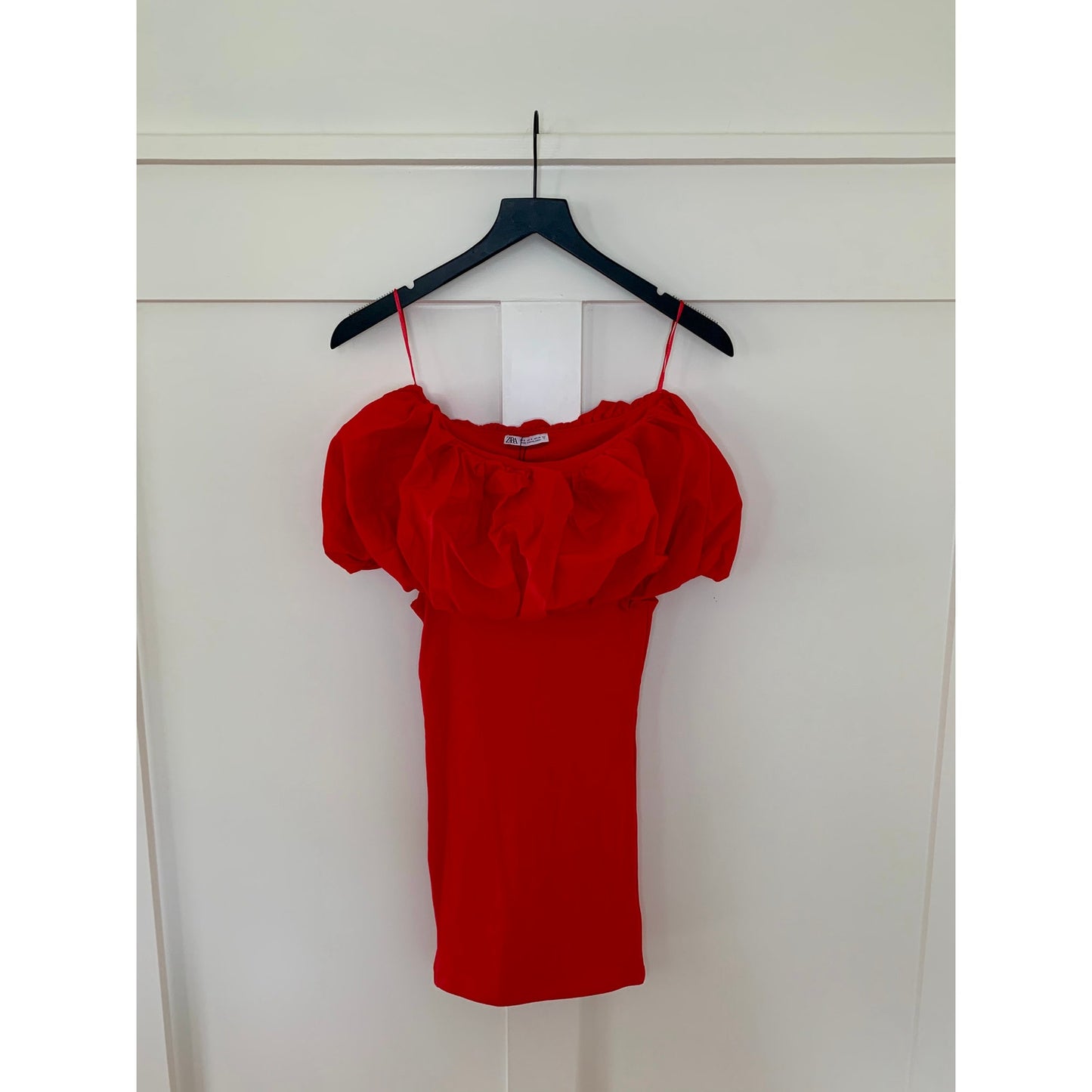Zara Mini Dress in Red Small Knit Off Shoulder Cutout Ruffle Party Cocktail
