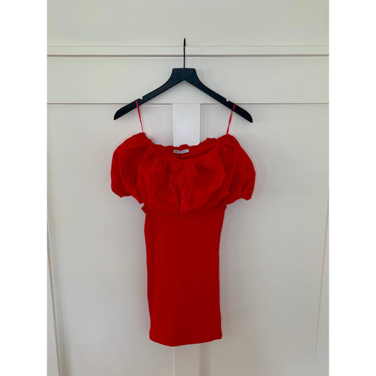 Zara Mini Dress in Red Small Knit Off Shoulder Cutout Ruffle Party Cocktail