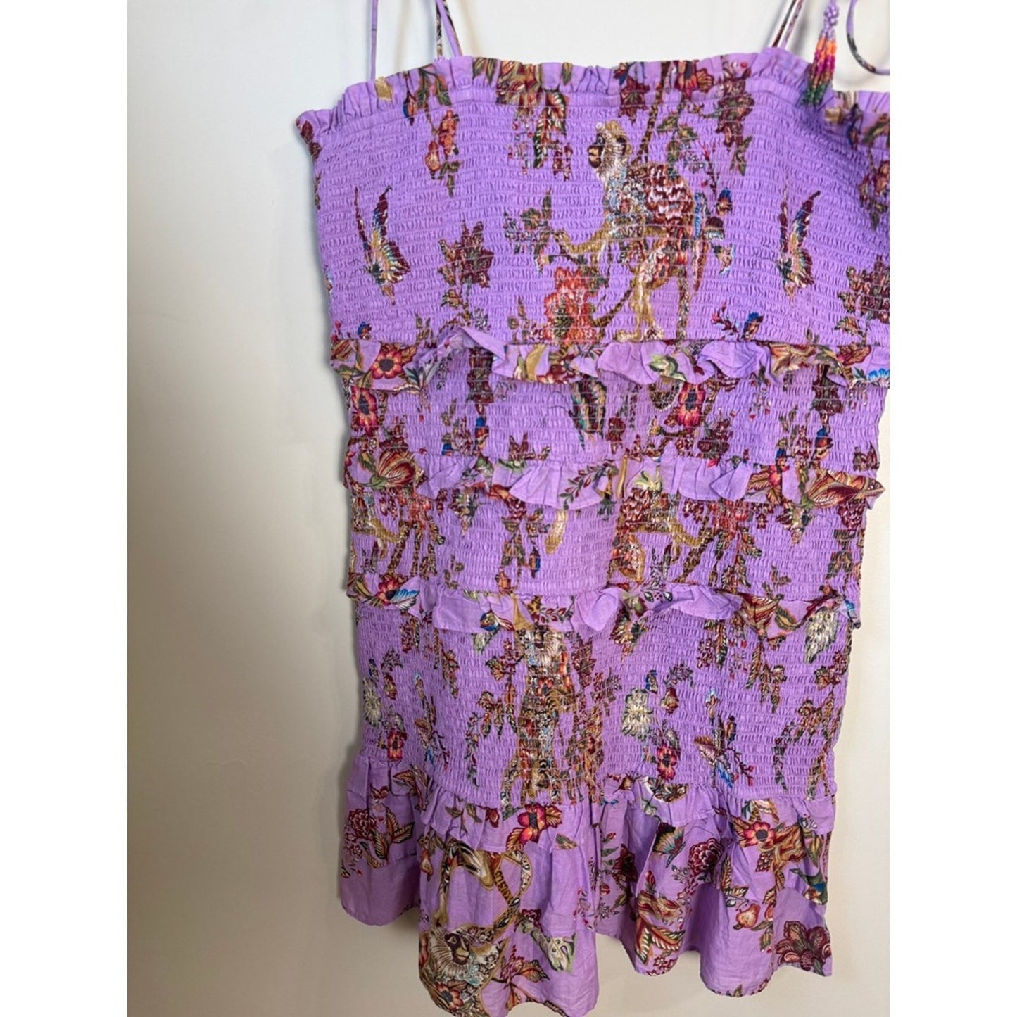 FARM Rio Purple Floral Smocked Mini Dress Tie Straps Tiered Ruffles XL