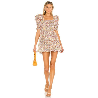 For Love & Lemons Libby Mini Dress in Orange Floral‎ Small Short Sleeve Lined