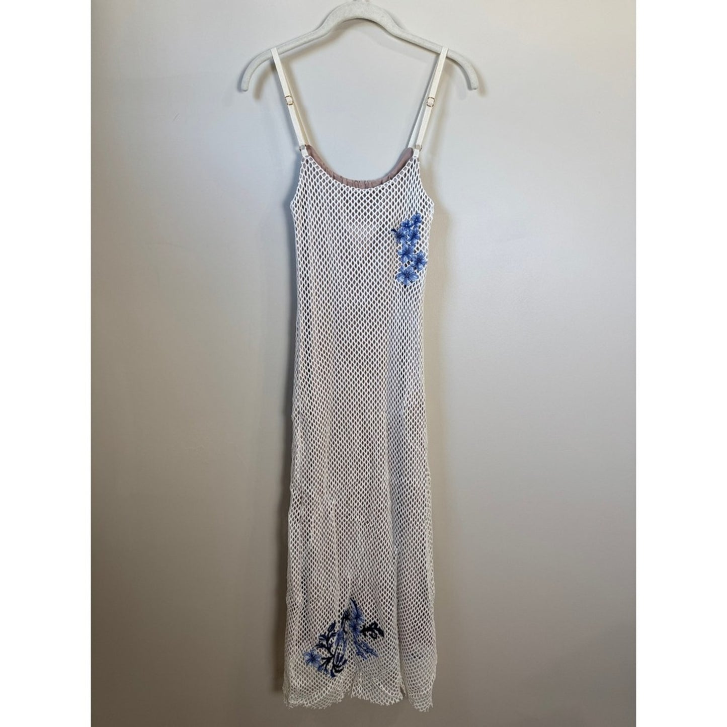 Agua Bendita White Fishnet Mesh Blue Floral Embroidered Midi Dress Bodycon Lined