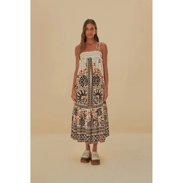 Farm Rio Women XL White Tile Floral Smocked Tiered Midi Dress Beaded Tassels