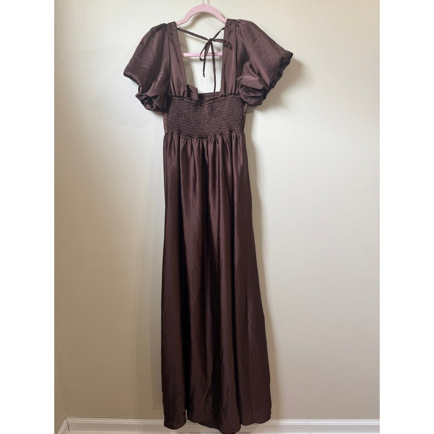 Show Me Your Mumu Brown Satin Puff Sleeve Maxi Dress Smocked Back Size Large