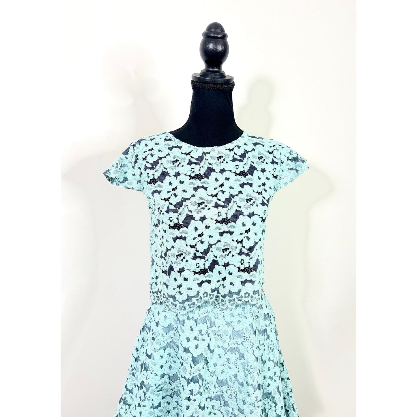 Alexis Tovi Lace Crop Top & Skirt Two Piece Set in Misty Blue Small Floral Lined