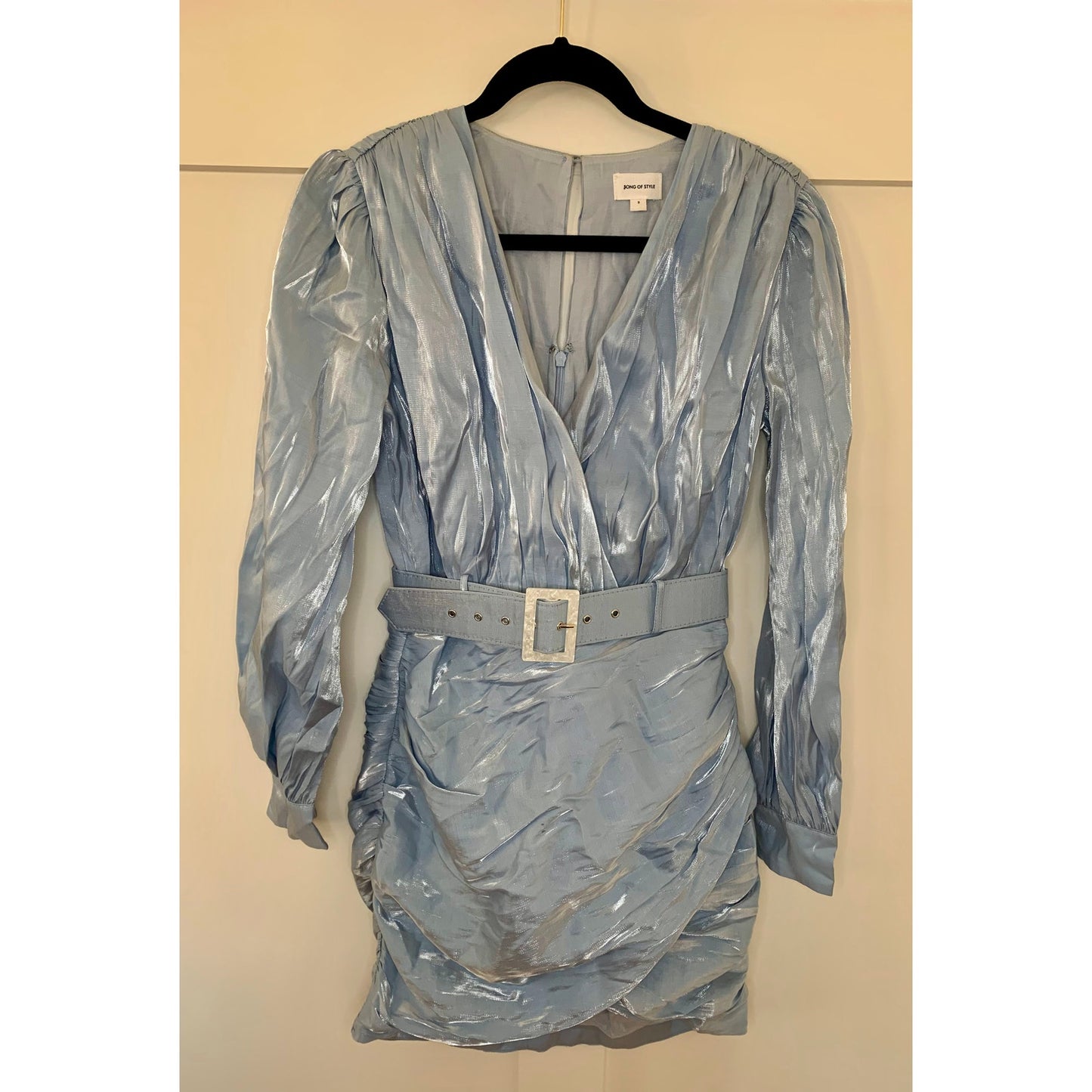 Song of Style Tucker Mini Dress Clearwater Blue Small Belted Long Sleeve Lined