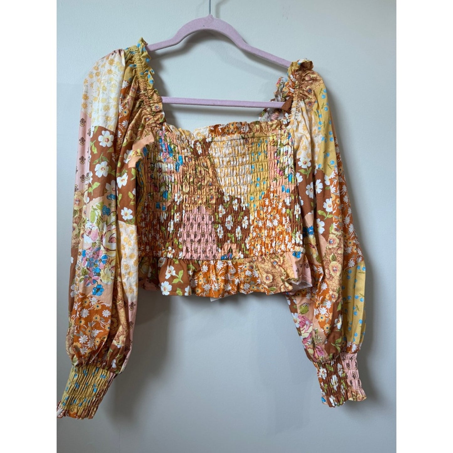 Spell & The Gypsy Collective Patchwork Floral Smocked Crop Top Mustard Orange
