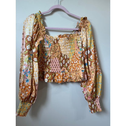 Spell & The Gypsy Collective Patchwork Floral Smocked Crop Top Mustard Orange