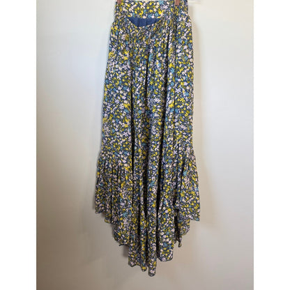 Free People Floral Two Piece Set Crop Top High Low Maxi Skirt XS Navy Yellow