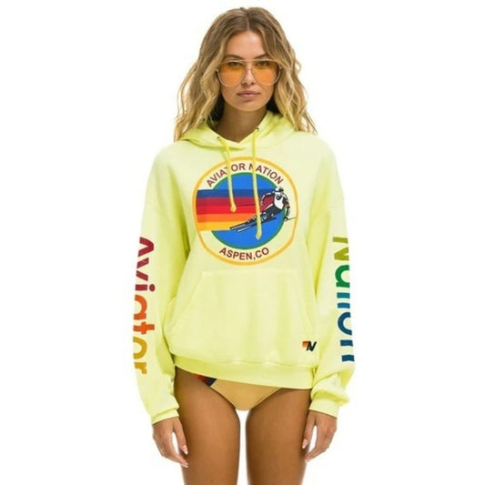 AVIATOR NATION Aspen CO Ski Graphic Neon Yellow Hoodie Sweatshirt Womens M