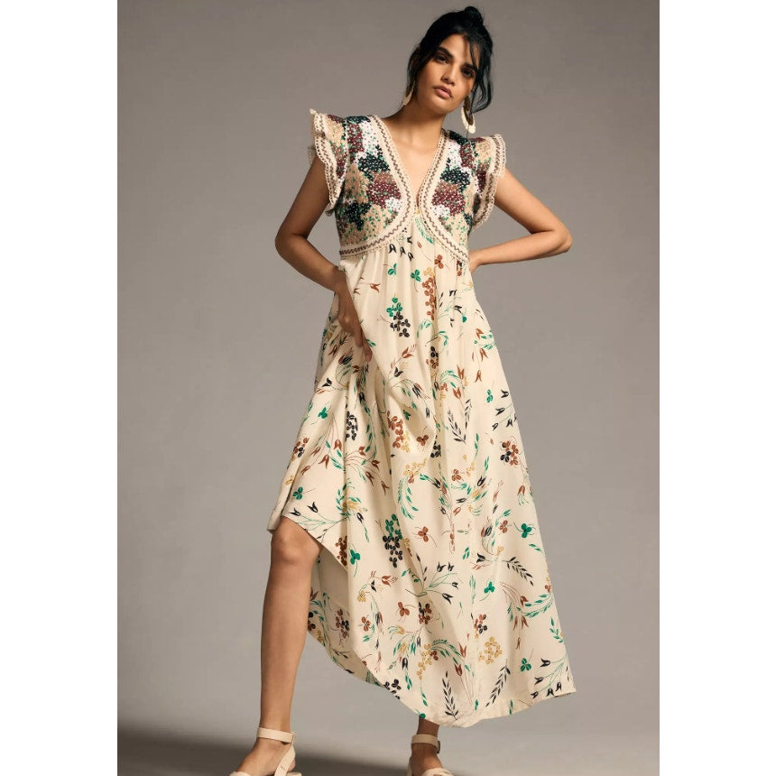Anthropologie Printed V-Neck Maxi Dress Size 6 Floral Embroidered Lined Boho