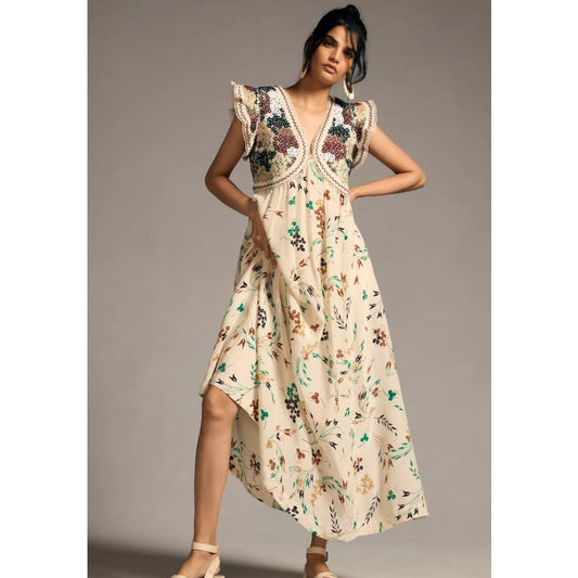 Anthropologie Printed V-Neck Maxi Dress Size 6 Floral Embroidered Lined Boho