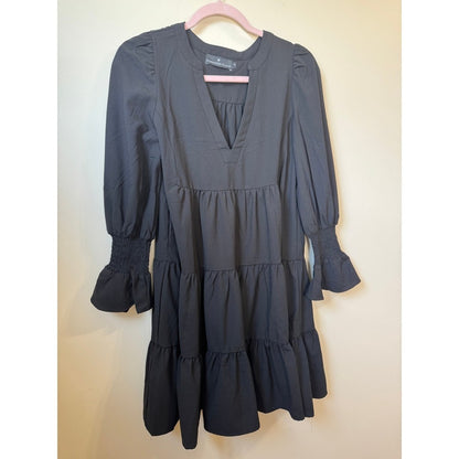 Pomander Place Black Tiered Mini Dress Long Puff Sleeve Smocked Cuff XS