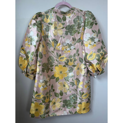 Pomander Place Floral Brocade Puff Sleeve Shift Dress Pink Yellow Green Small