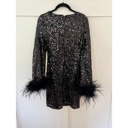 NEW Hutch Long Sleeve Mini‎ Sequin Dress with Feather Cuffs Black Size XXS