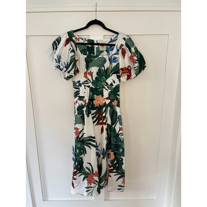 Farm Rio Tropical Paradise Puff Sleeve Midi Dress White Green Pink Birds Size S