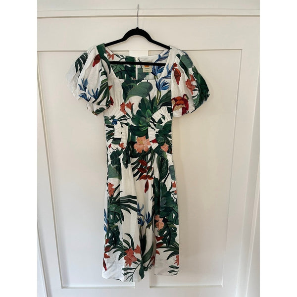 Farm Rio Tropical Paradise Puff Sleeve Midi Dress White Green Pink Birds Size S