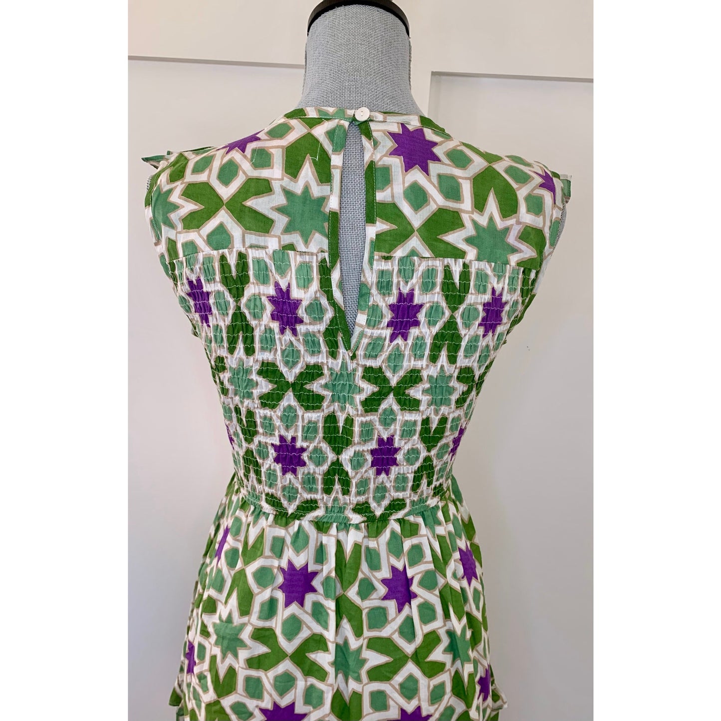 Banjanan Iris Smocked Ruffle Midi Dress in Star Gazer Jade Medium Lined Cotton
