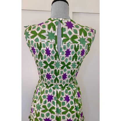 Banjanan Iris Smocked Ruffle Midi Dress in Star Gazer Jade Medium Lined Cotton