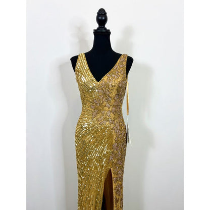 Mac‎ Duggal Gold Sequin Slit Gown Size 2