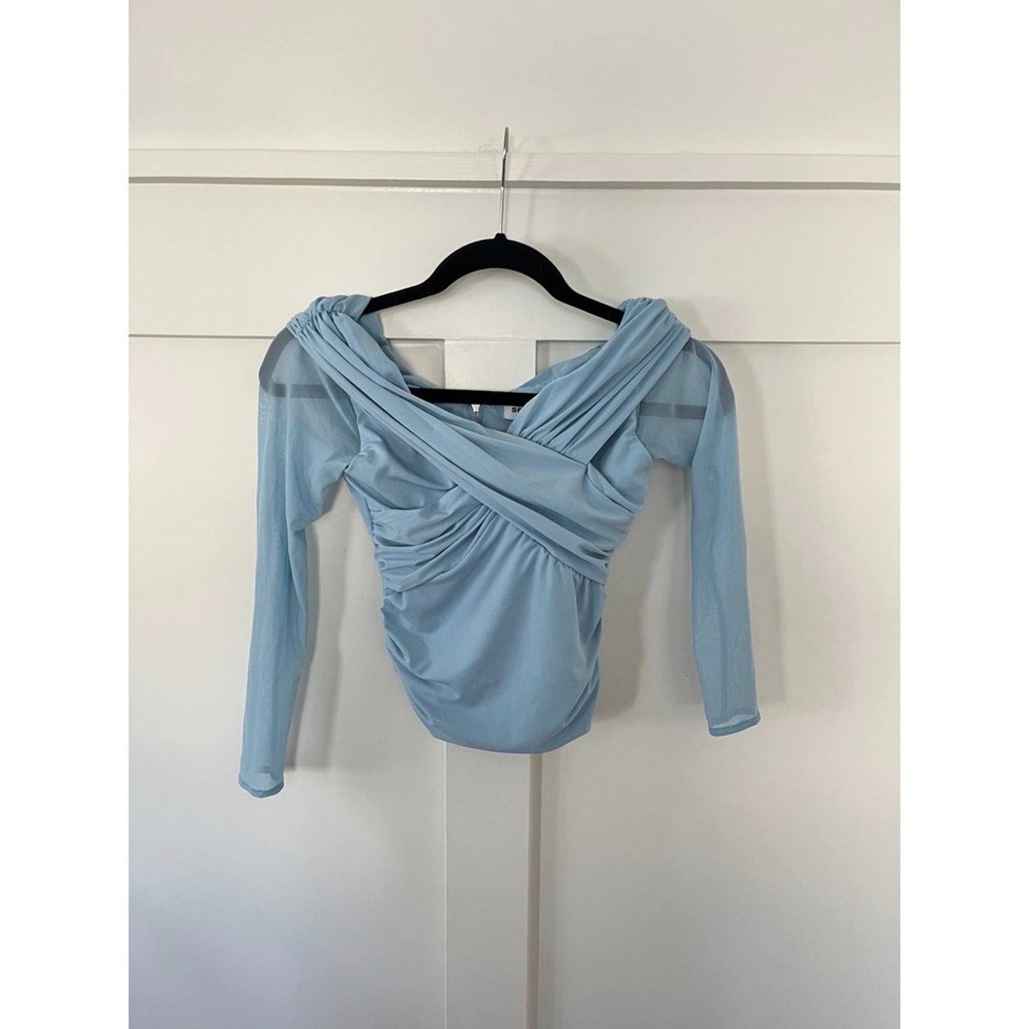 Self Portrait Light Blue Ruched Mesh Jersey Crossover Long Sleeve Top Size 0