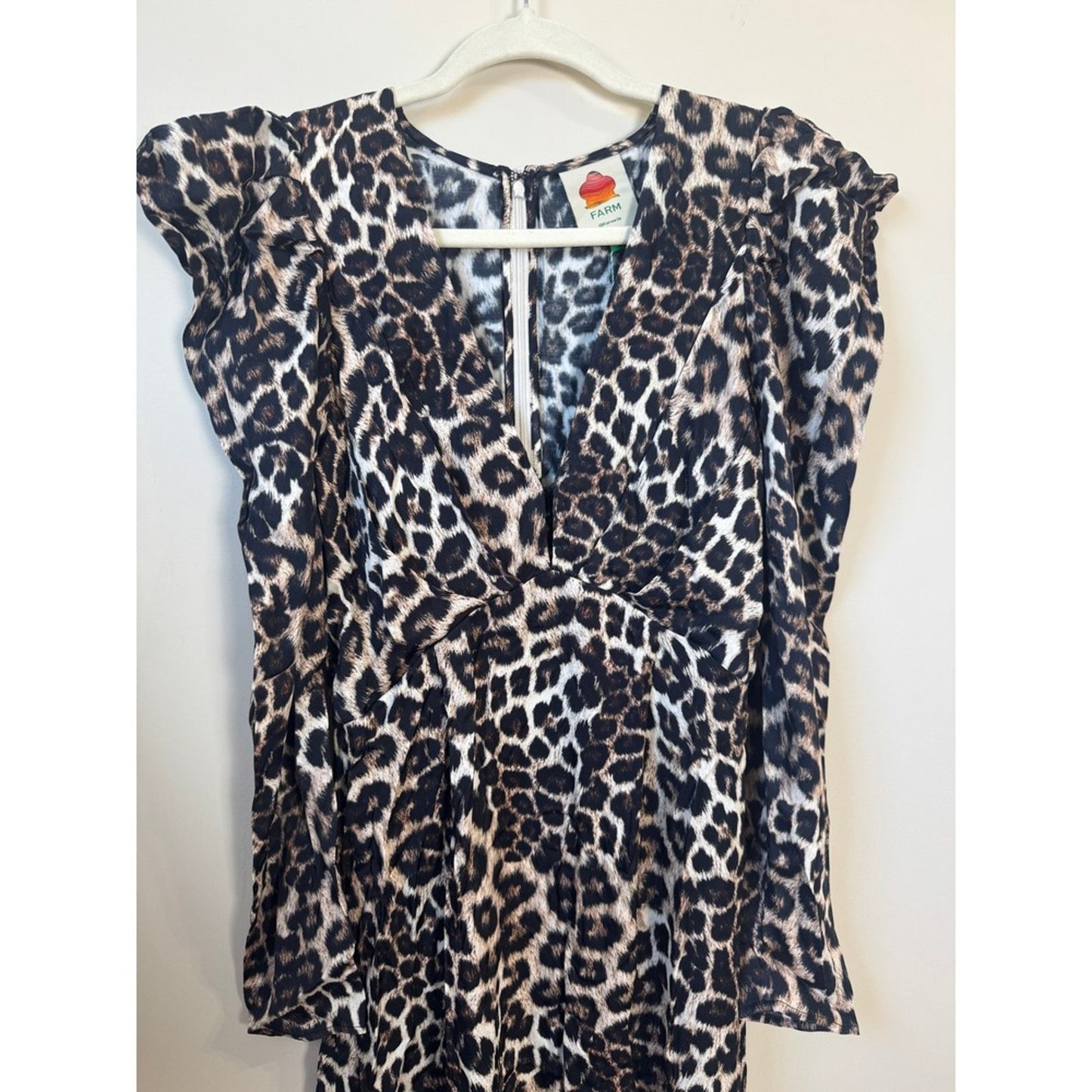 Farm Rio Leopard Print Puff Shoulder V-Neck Midi Dress Long Sleeve Animal Print