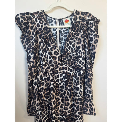 Farm Rio Leopard Print Puff Shoulder V-Neck Midi Dress Long Sleeve Animal Print