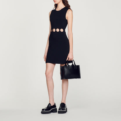 Sandro Openwork Mini Dress Noir Size 40 Cut Out Sleeveless Party Gothic Cocktail