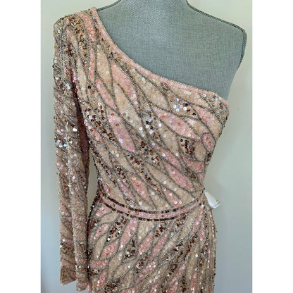 MacDuggal One Shoulder Sequin Gown Maxi in Pink/Silver Size 8 Beaded Long Sleeve