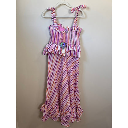 CeliaB Striped Maxi Dress Pink Orange Smocked Bodice Ruffle Hem Tie Shoulder NEW