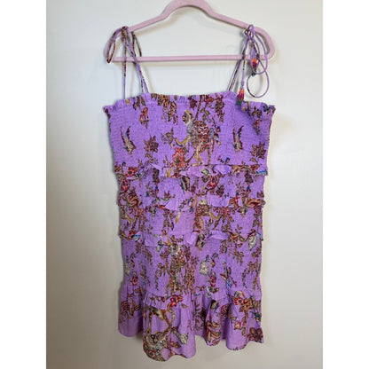 FARM Rio Purple Floral Smocked Mini Dress Tie Straps Tiered Ruffles XL